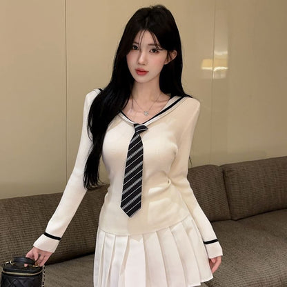 Sailor Collar Striped Knit Top and Pleated Mini Skirt Set