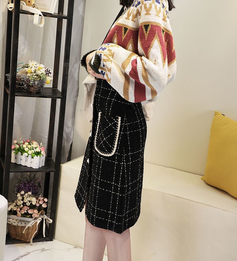 Plaid High Waist Pencil Skirt with Pocket Detail