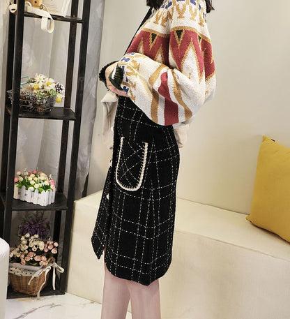 Plaid High Waist Pencil Skirt with Pocket Detail