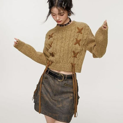 Crew Neck Plain Lace-Up Cropped Sweater