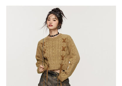 Crew Neck Plain Lace-Up Cropped Sweater