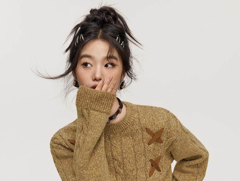 Crew Neck Plain Lace-Up Cropped Sweater