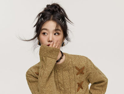 Crew Neck Plain Lace-Up Cropped Sweater