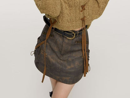 Crew Neck Plain Lace-Up Cropped Sweater