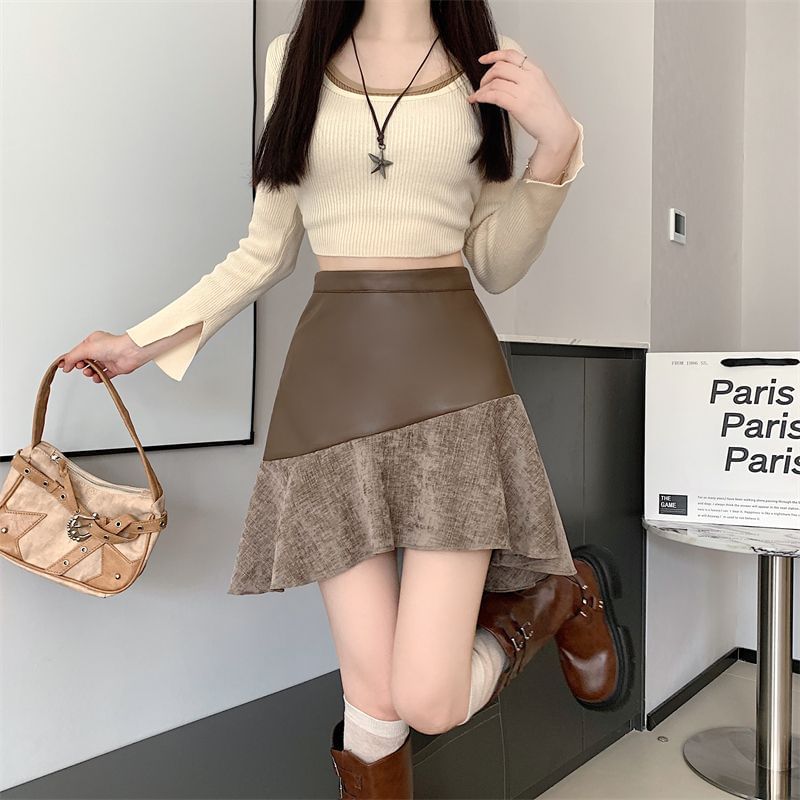 Patchwork Asymmetrical High Waist Mini A-Line Skirt