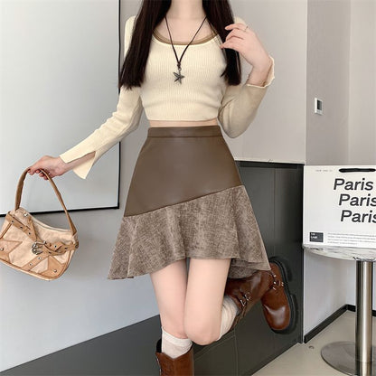 Patchwork Asymmetrical High Waist Mini A-Line Skirt