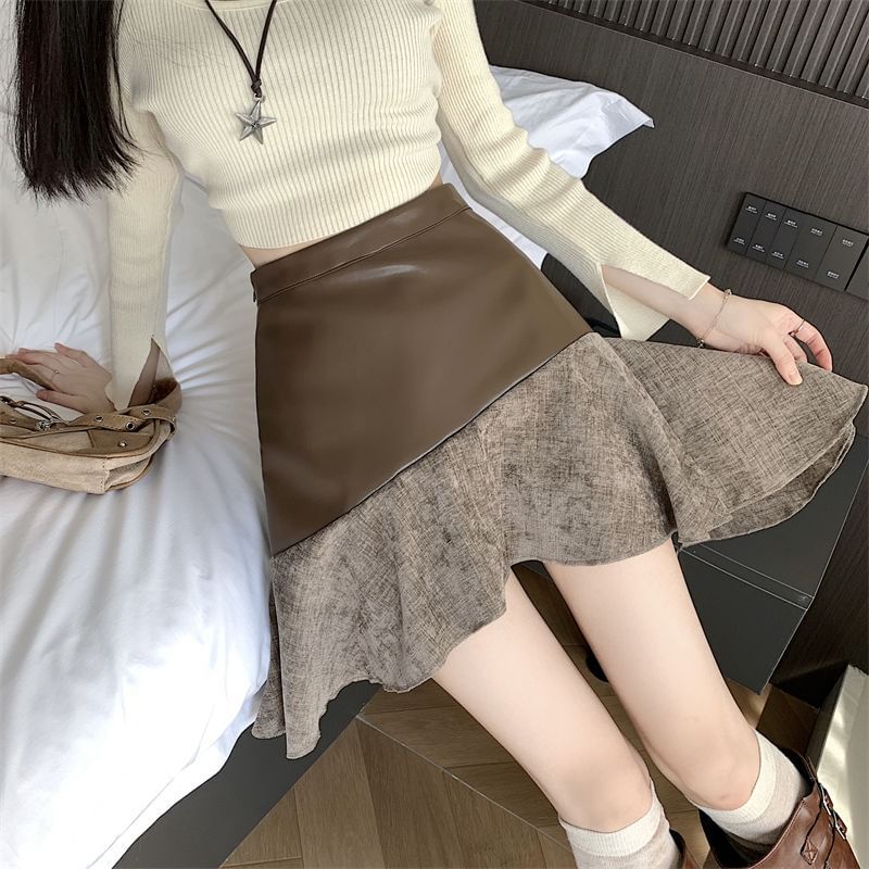 Patchwork Asymmetrical High Waist Mini A-Line Skirt