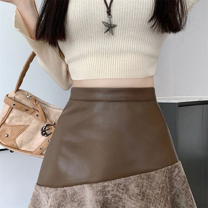 Patchwork Asymmetrical High Waist Mini A-Line Skirt