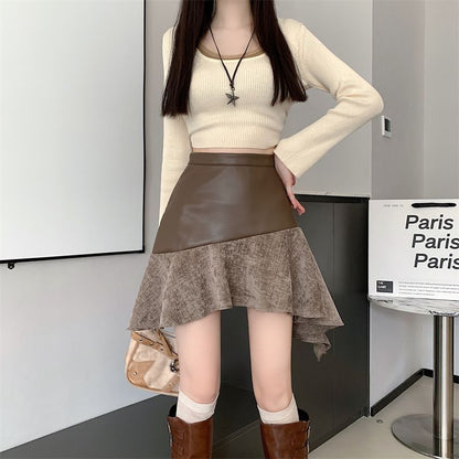 Patchwork Asymmetrical High Waist Mini A-Line Skirt