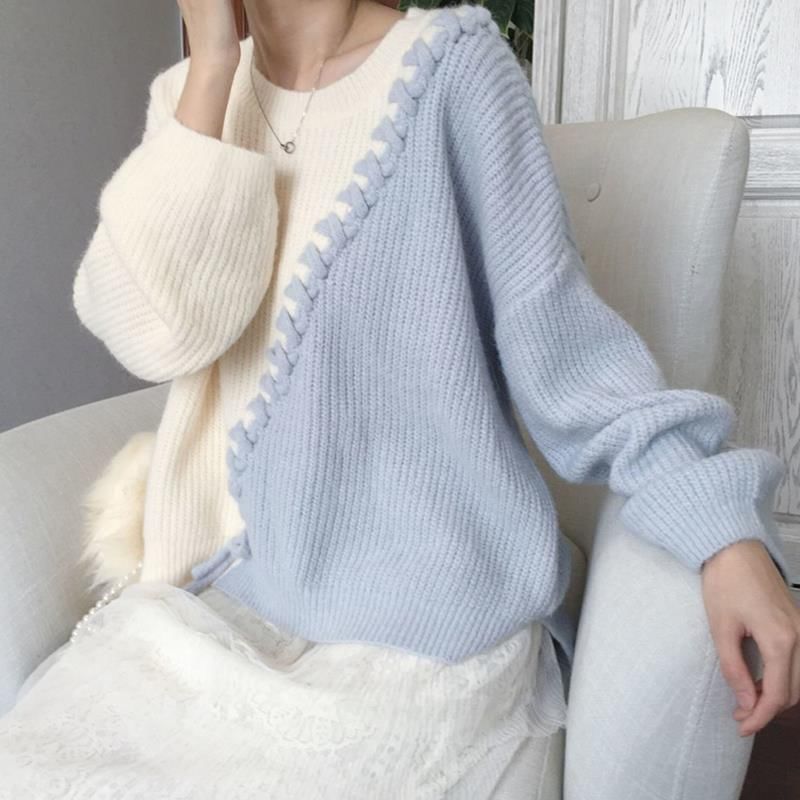 Round Neck Two Tone Lace-Up Sweater