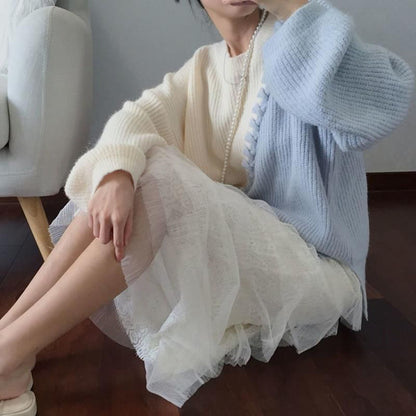 Round Neck Two Tone Lace-Up Sweater