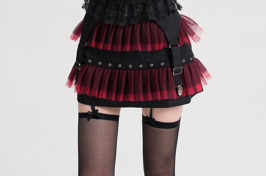 Mid Rise Grommet Mesh Panel Mini A-Line Skirt