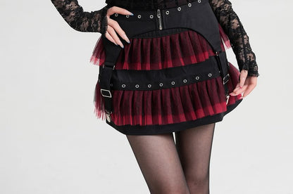 Mid Rise Grommet Mesh Panel Mini A-Line Skirt