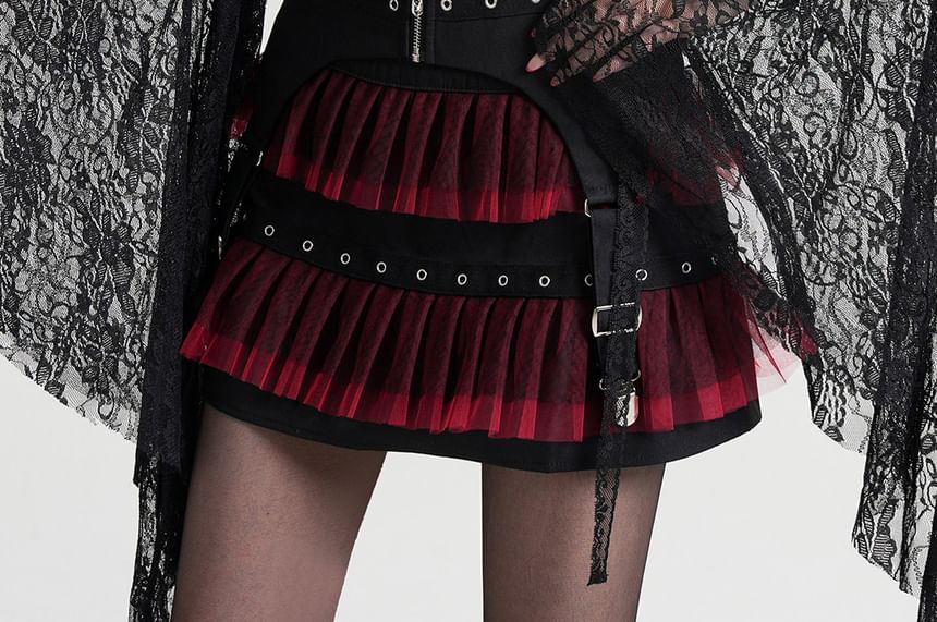 Mid Rise Grommet Mesh Panel Mini A-Line Skirt