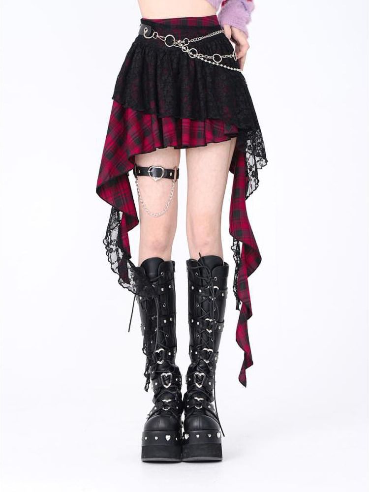 High Rise Tartan Check A-Line Mini Skirt with Lace Panel