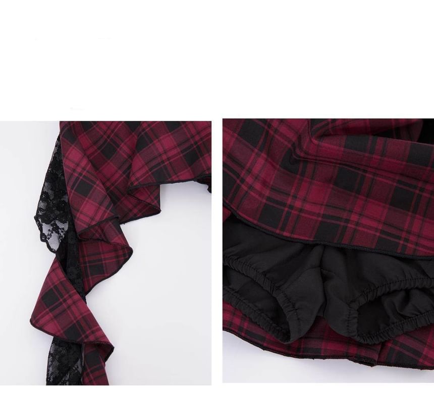 High Rise Tartan Check A-Line Mini Skirt with Lace Panel