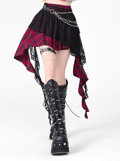 High Rise Tartan Check A-Line Mini Skirt with Lace Panel
