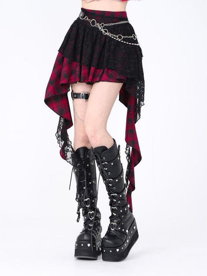 High Rise Tartan Check A-Line Mini Skirt with Lace Panel