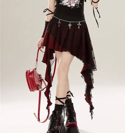 High Rise Tartan Check A-Line Mini Skirt with Lace Panel
