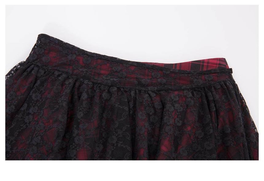 High Rise Tartan Check A-Line Mini Skirt with Lace Panel