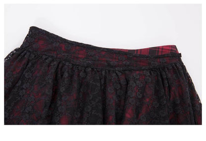 High Rise Tartan Check A-Line Mini Skirt with Lace Panel
