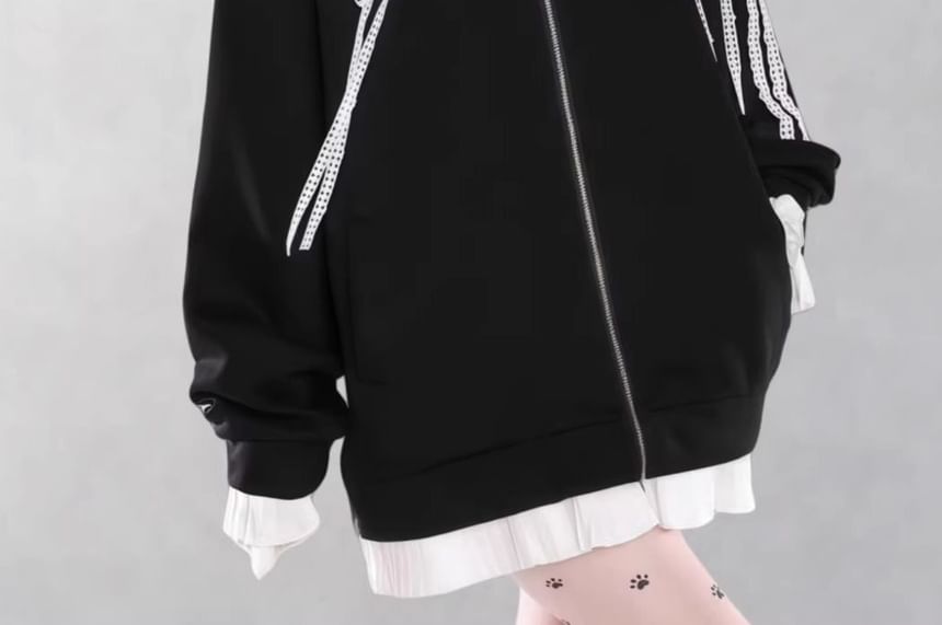 Plain Lace Trim Zip Oversized Hoodie