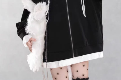 Plain Lace Trim Zip Oversized Hoodie