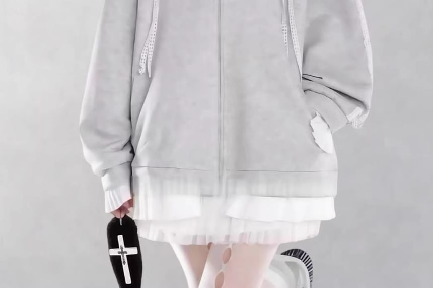 Plain Lace Trim Zip Oversized Hoodie