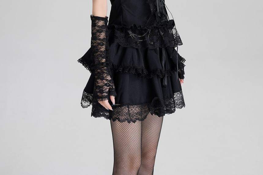 High Waist Lace Trim Tiered A-Line Mini Skirt