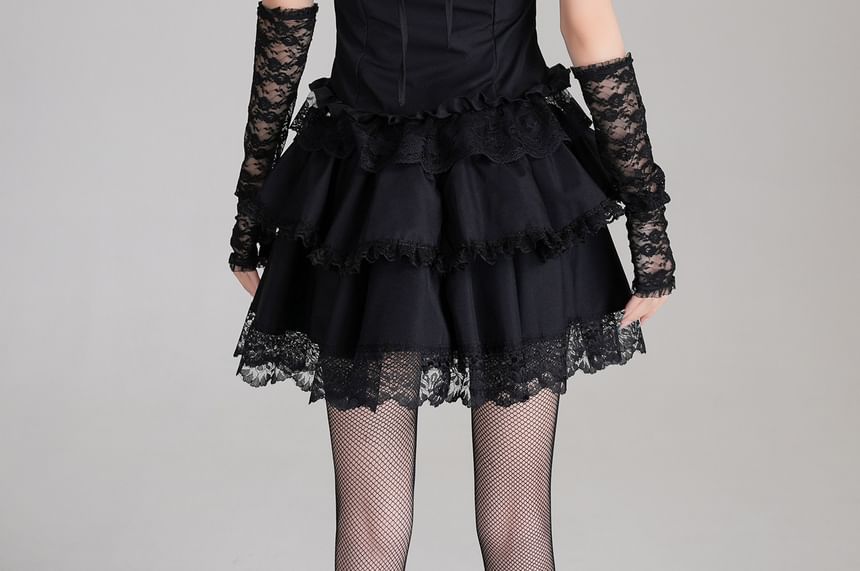 High Waist Lace Trim Tiered A-Line Mini Skirt