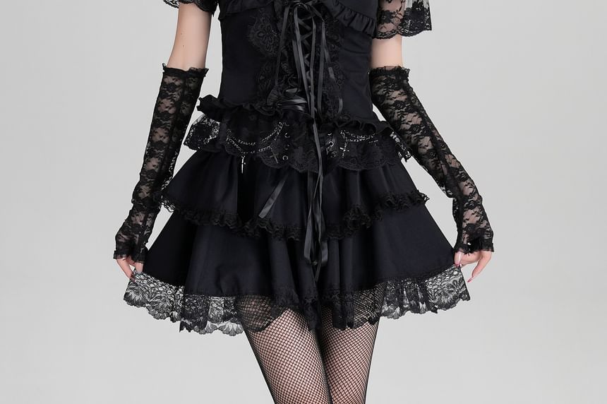 High Waist Lace Trim Tiered A-Line Mini Skirt