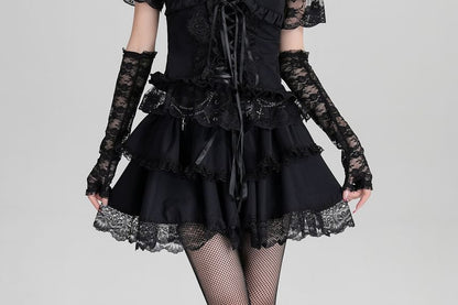 High Waist Lace Trim Tiered A-Line Mini Skirt