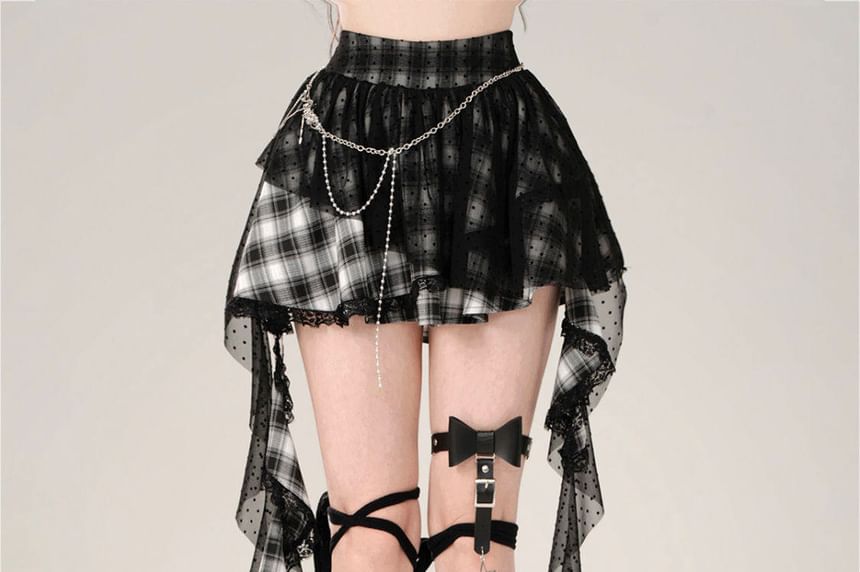 Plaid Lace Trim Asymmetrical A-Line Mini Skirt