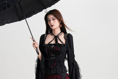 Flared-Sleeve Scoop Neck Plain Lace Trim Crop Top