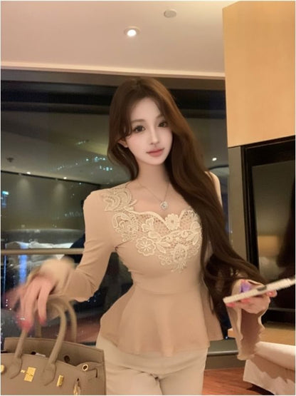 Long-Sleeve Lace Panel Flowy Top