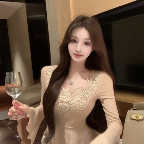 Long-Sleeve Lace Panel Flowy Top