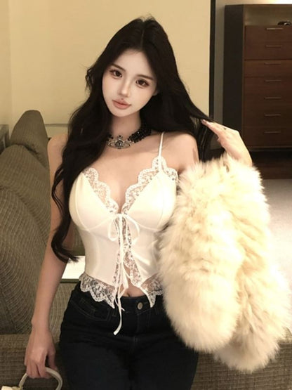 Sleeveless V-Neck Lace Crop Top