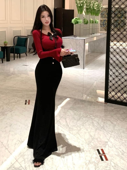 Set: Long-Sleeve Off Shoulder Top + Halter Neck Plain Maxi Mermaid Dress