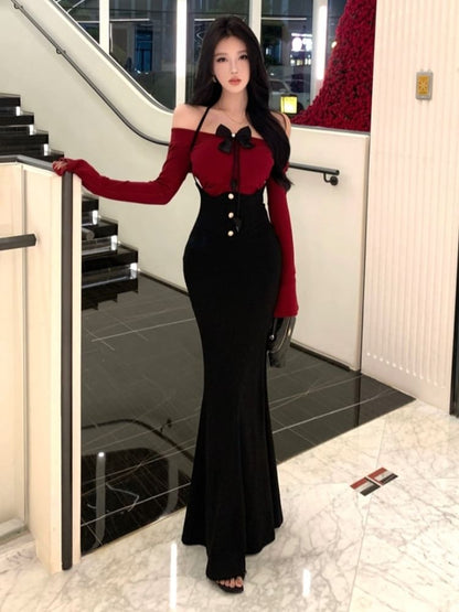 Set: Long-Sleeve Off Shoulder Top + Halter Neck Plain Maxi Mermaid Dress