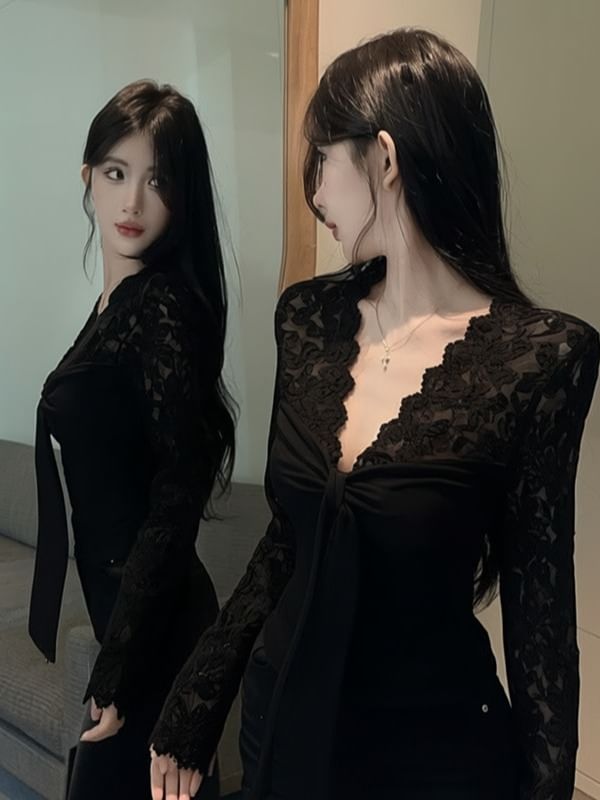 Long-Sleeve V-Neck Lace Panel Top
