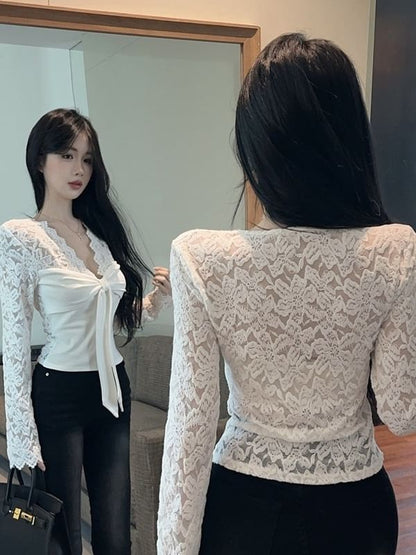 Long-Sleeve V-Neck Lace Panel Top