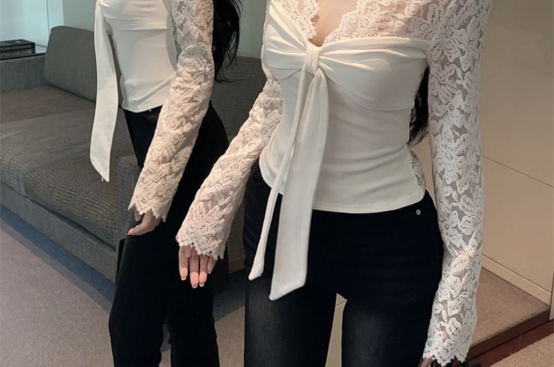 Long-Sleeve V-Neck Lace Panel Top