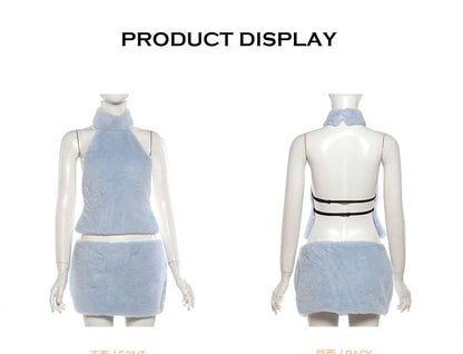 Sleeveless Mock Neck Top and High Waist Mini Skirt Set