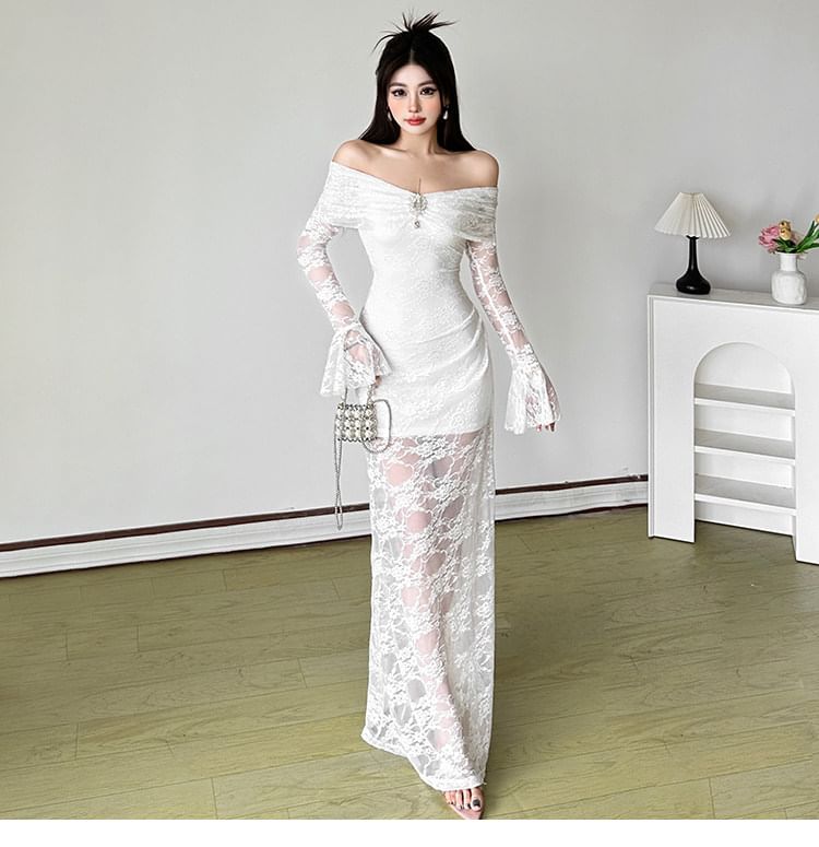 Long-Sleeve Off Shoulder Lace Maxi Sheath Dress