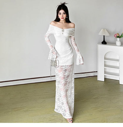 Long-Sleeve Off Shoulder Lace Maxi Sheath Dress