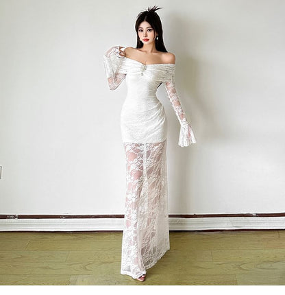 Long-Sleeve Off Shoulder Lace Maxi Sheath Dress