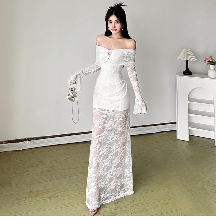 Long-Sleeve Off Shoulder Lace Maxi Sheath Dress