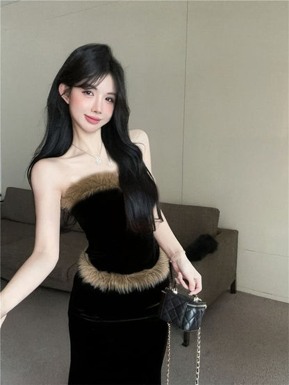 Strapless Fluffy Tube Top and High Waist Maxi Pencil Skirt Set