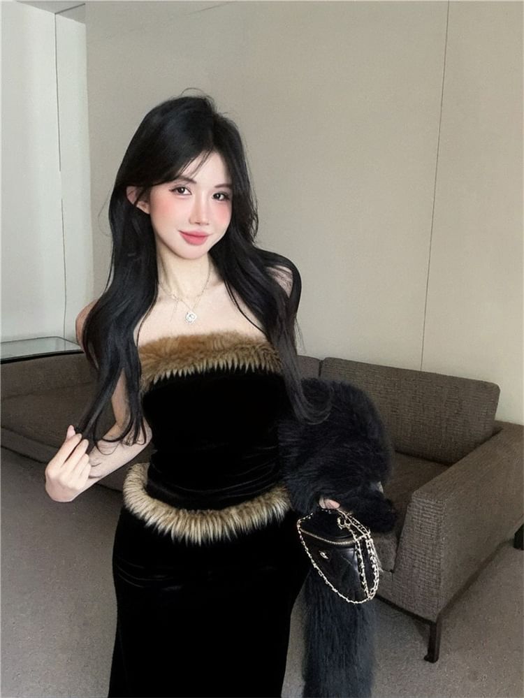 Strapless Fluffy Tube Top and High Waist Maxi Pencil Skirt Set