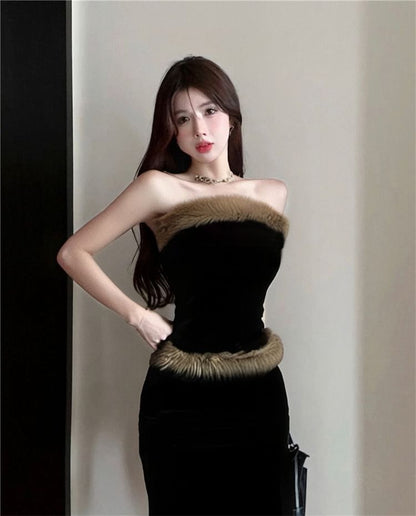 Strapless Fluffy Tube Top and High Waist Maxi Pencil Skirt Set